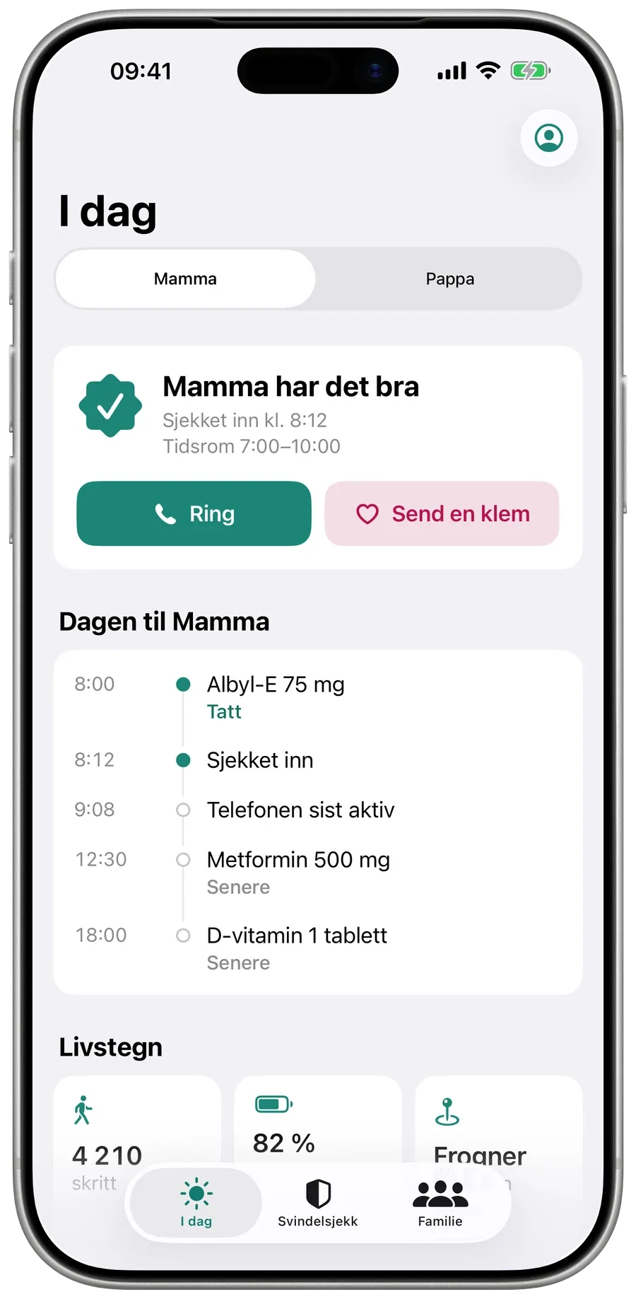 Familiens I dag-skjerm i Surewell: Mamma har det bra, sjekket inn kl. 08:12, med dagen hennes under.