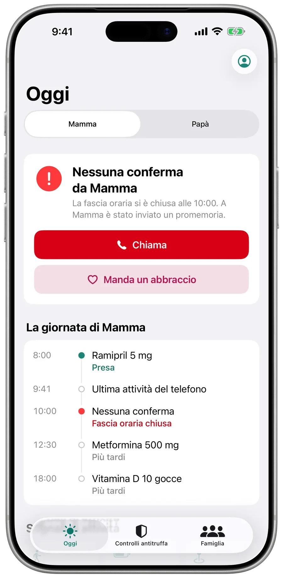 La schermata Oggi della famiglia in Surewell: la mamma sta bene, conferma alle 08:12, con la sua giornata sotto.