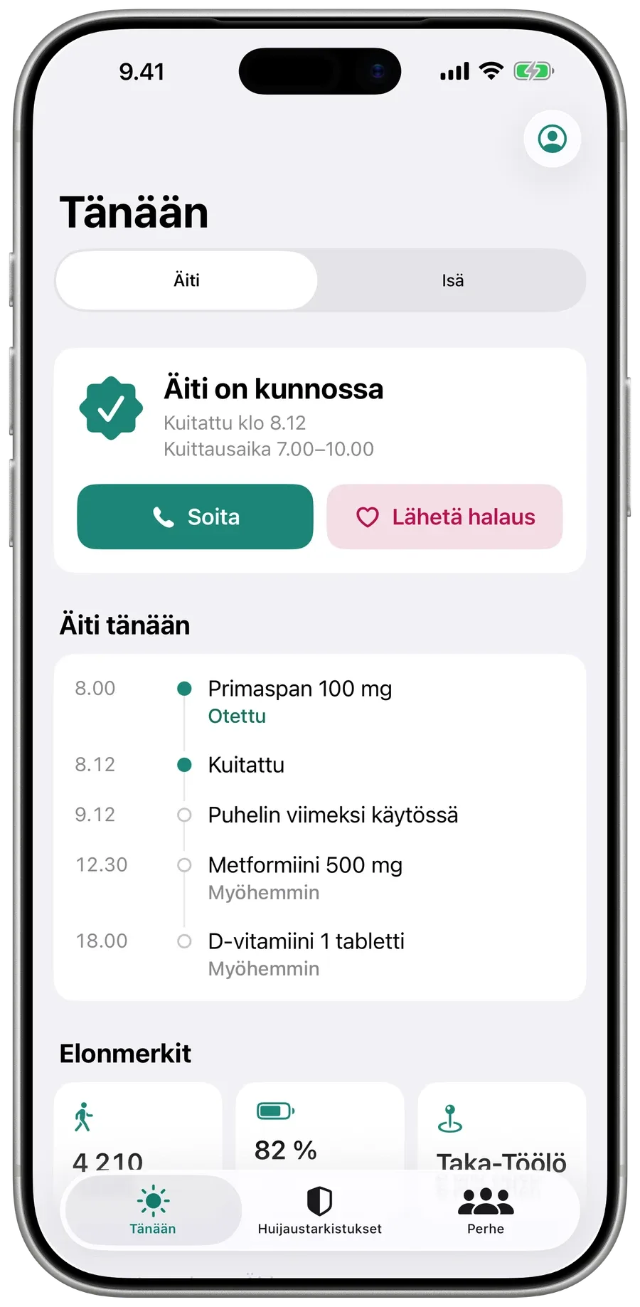Perheen Tänään-näkymä Surewellissä: Äiti on kunnossa, kuitattu klo 8.12, ja hänen päivänsä alla.
