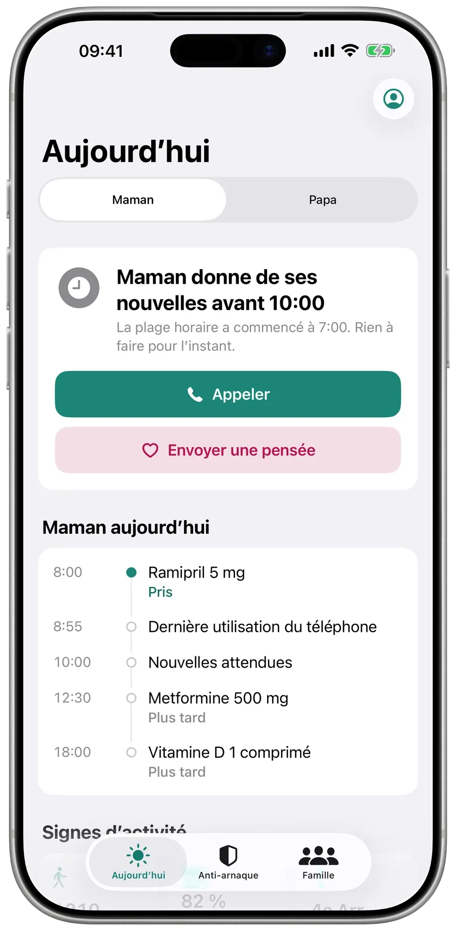 L’écran Aujourd’hui de la famille dans Surewell : Maman va bien, nouvelles reçues à 08:12, avec sa journée en dessous.